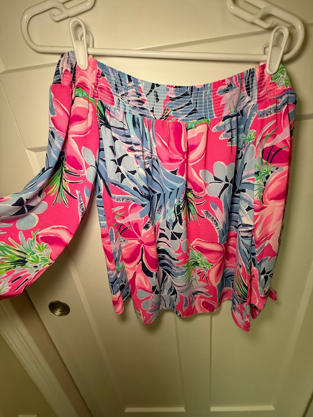 Lilly Pulitzer Dee Off Shoulder Top Off Tropic Print Pink Blue Floral XS